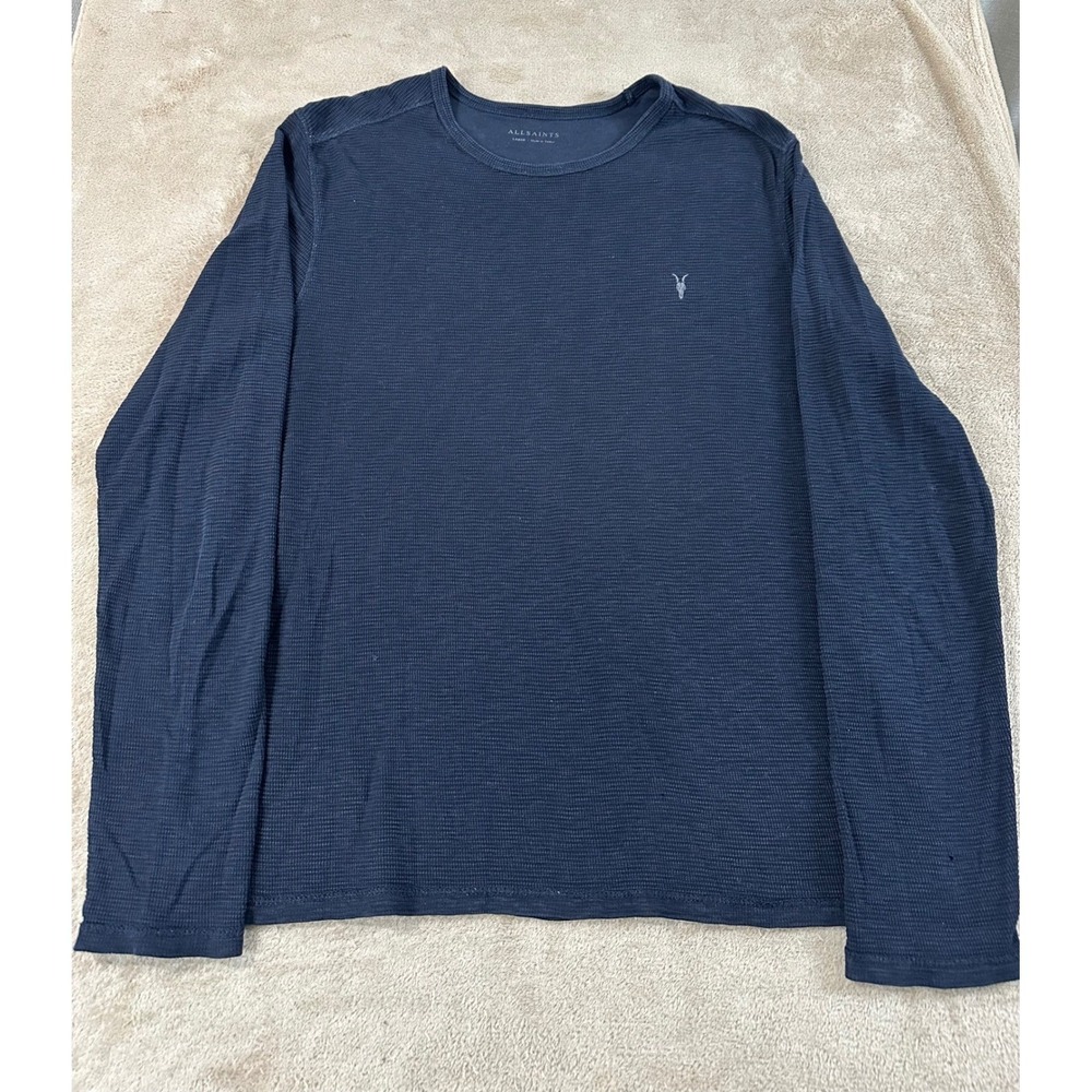 AllSaints Clash LS Crew Shirt Mens L Navy Blue Cotton Ribbed Long sleeve EUC